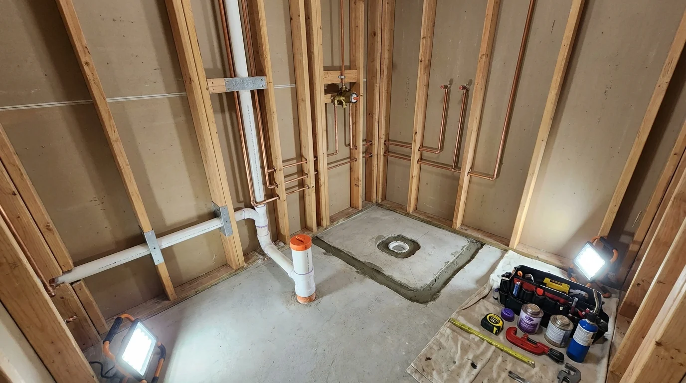 Bathroom rough-in plumbing during remodel by Johns Plumbing LLC in Taft