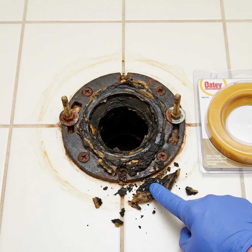 Failed wax ring showing water seepage at the base of a toilet in a Taft, CA home