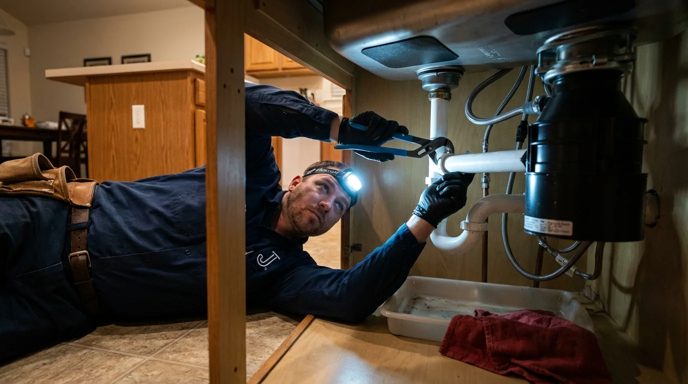 P-trap and supply line connections under a kitchen sink showing a common leak point in Taft, CA